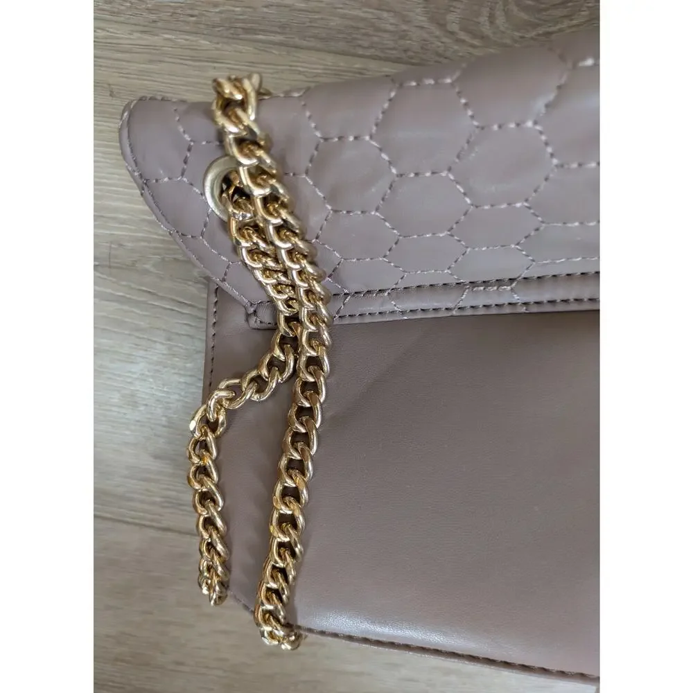 Bebe Shoulder Crossbody Bag Stone Tan Quilted Faux Leather Gold Chain Strap NEW